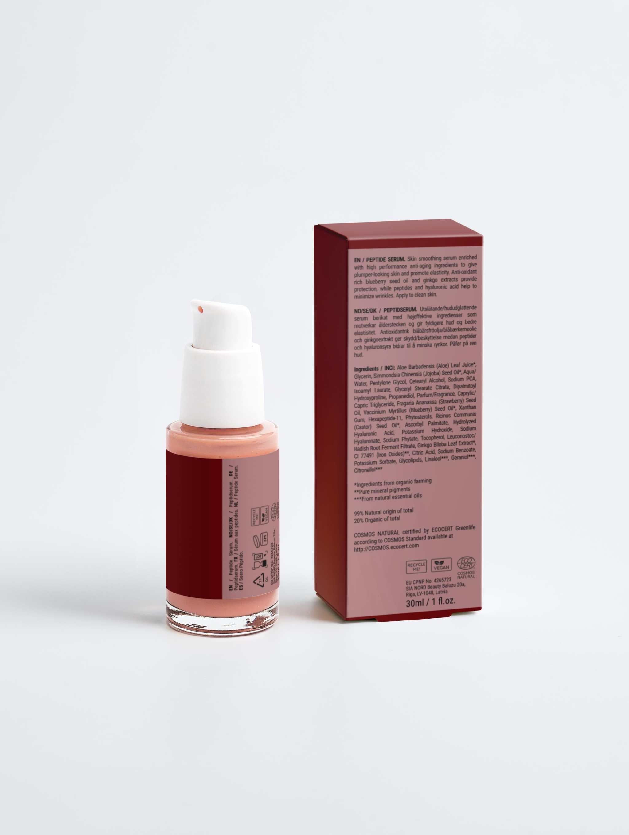 Peptide Serum back label – ingredients and usage for firmer, smoother skin by Nivora Skincare